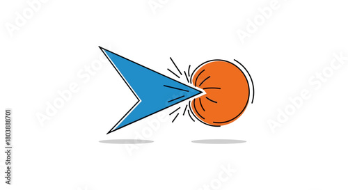 A blue arrowhead pierces an orange sphere with black lines indicating impact
