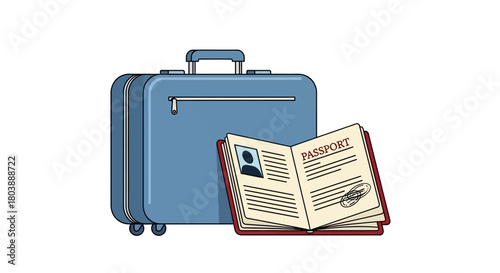 A blue suitcase sits beside an open passport with a photo and a stamp