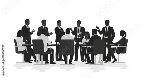 A business meeting is being held by ten people around a table