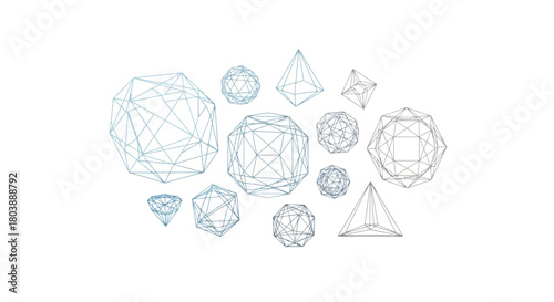 A cluster of polygonal wireframe shapes various platonic solids arranged on a white background