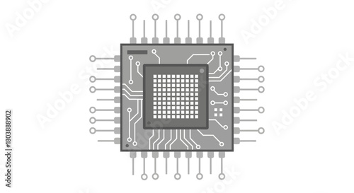 A gray illustration of a chip with multiple gray pins around the chips exterior