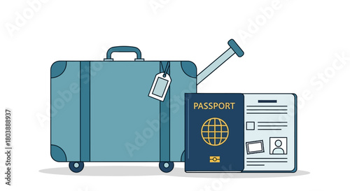 A light blue suitcase stands next to a passport and papers