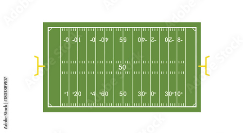 A vector football field is depicted marked with yard lines and goal posts