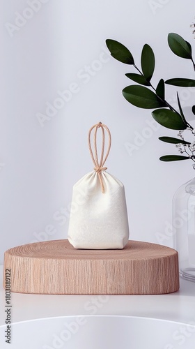 A simple, neutral-colored drawstring pouch sits on a round wooden display, with natural green foliage and subtle white flowers adding a touch of organic eleganc