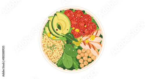 A vibrant salad bowl with avocado tomatoes chicken grains chickpeas and greens