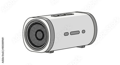 A white and gray cylindershaped bluetooth speaker with buttons and a speaker grille