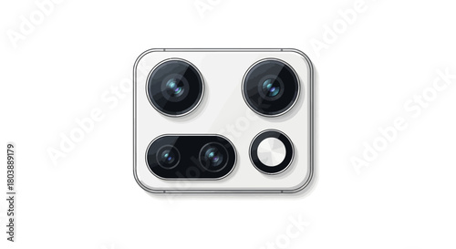 A white rectangular smartphone camera module with four lenses and a flash