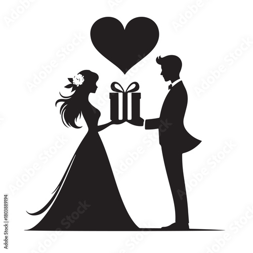 Couple exchanging a gift silhouette