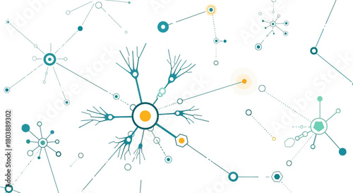 Abstract network of interconnected nodes with varying colors and geometric shapes on a white background