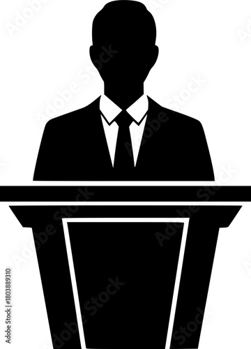 Monochrome vector-style silhouette of a professional speaker standing behind a lectern