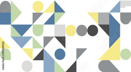 An abstract arrangement of simple geometric shapes in light muted tones against a white background