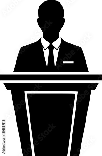 Monochrome vector-style silhouette of a professional speaker standing behind a lectern