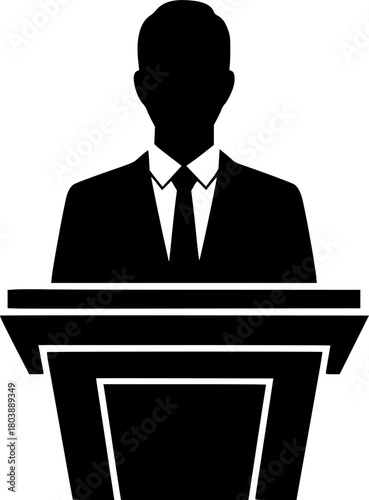 Monochrome vector-style silhouette of a professional speaker standing behind a lectern