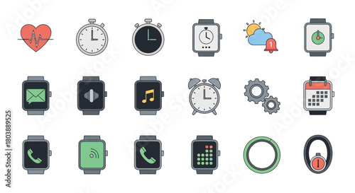 Array of smartwatch icons featuring various apps and functions