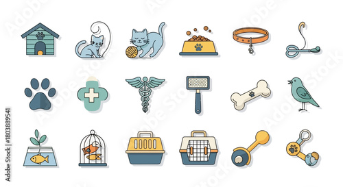 Assorted petrelated icons animals supplies and toys in a clean and colorful style