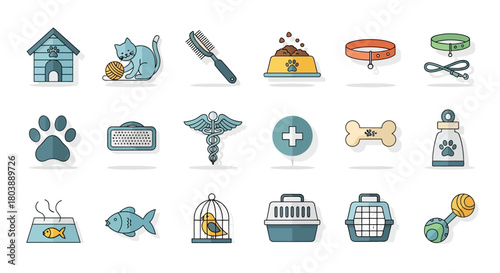 Cartoon pet icons doghouse cat brush food bowl collars paw carrier vet symbol bone medicine fish bird cage toys