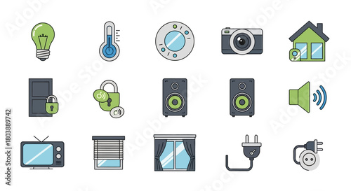 Collection of smart home icons featuring appliances security devices and home features arranged in rows on a white background