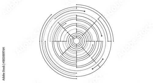Circular design with concentric rings dashed lines and connecting lines featuring a technical or futuristic aesthetic
