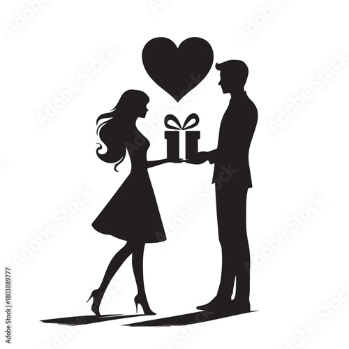 Couple exchanging a gift silhouette