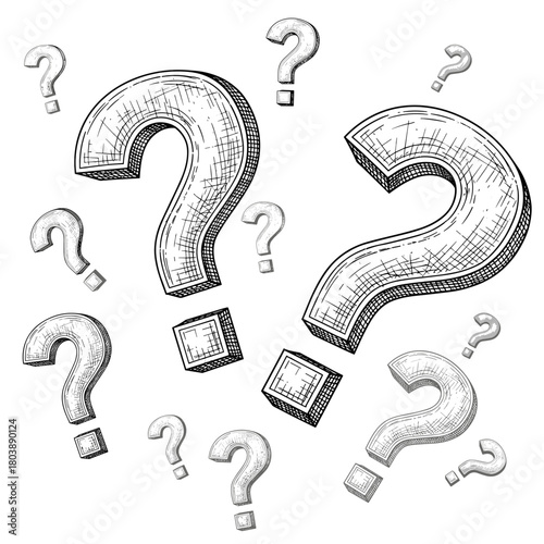 Question marks in the air, vintage engraving sketch, black and white vector illustration, woodcut style