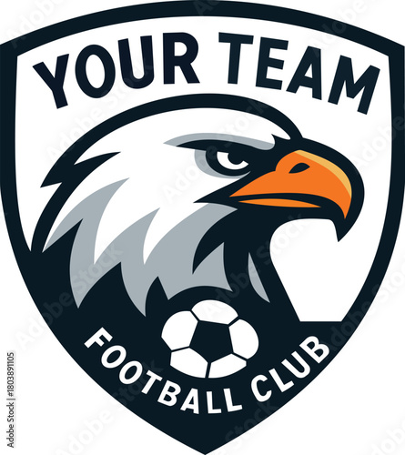 This eye-catching shield logo features a strong eagle head alongside a soccer ball, tailored for a football club. The design includes placeholders for "YOUR TEAM" and "FOOTBALL CLUB," allowing for cus
