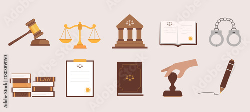 Law and Justice symbols collection featuring scales, gavel, and documents. Vector illustration