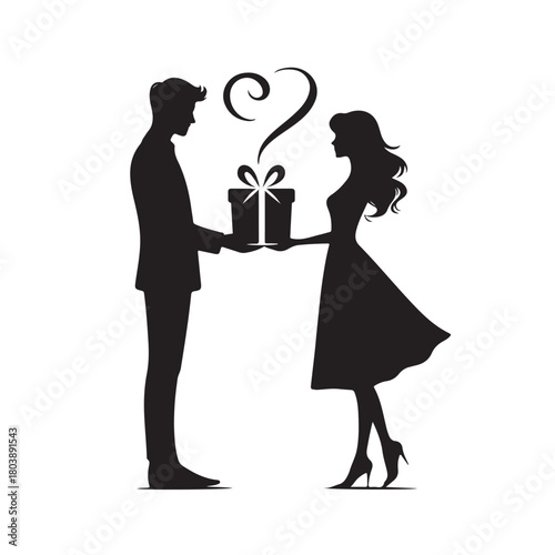 Couple exchanging a gift silhouette