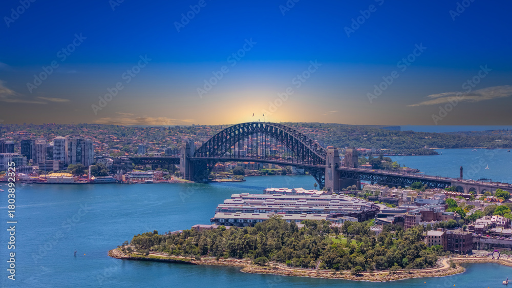 Naklejka premium 18 November 2025 Panoramic night view of Sydney Harbour and City Skyline of NSW Australia beautiful colourful skies on a beautiful spring day