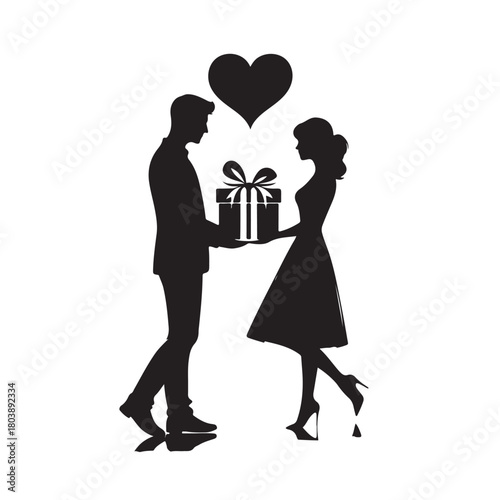 Couple exchanging a gift silhouette