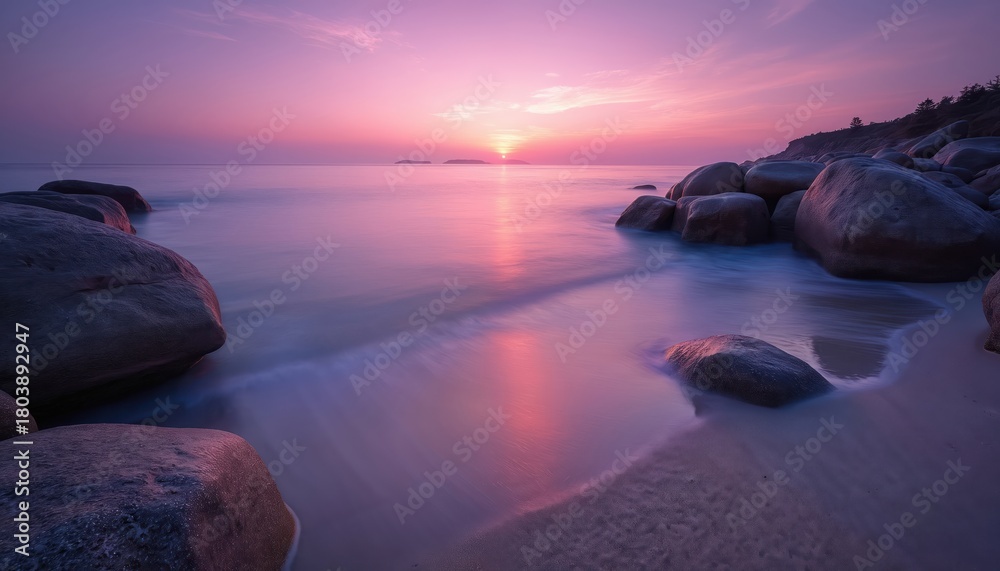 Obraz premium Calm ocean at dawn washes over smooth rocks on a sandy beach. The pink and purple sky reflects on the water surface. Serene natural landscape scene.