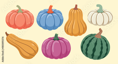 Autumn Pumpkins and Colorful Squashes – Seasonal Harvest Gourds with Botanical Details for Fall Decoration, Natural Produce Elements, and Beautifully Crafted Vector Illustration Collection