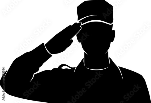 Soldier saluting silhouette, black and white, military salute figure, army man silhouette, soldier outline vector icon


