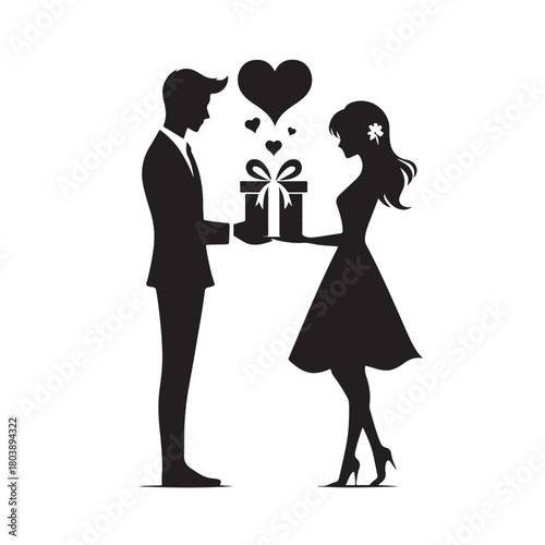 Couple exchanging a gift silhouette