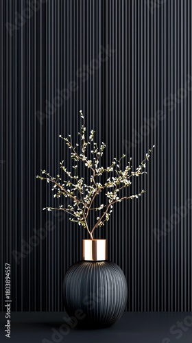 A minimalist arrangement featuring a dark, ribbed vase topped with a gold accent, holding delicate white flowering branches against a dark, vertical ribbed wall