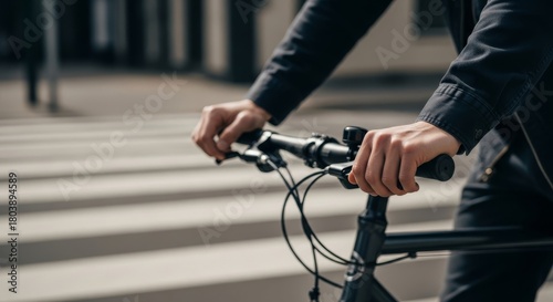 Man holding bicycle handlebars at crosswalk in urban setting  
