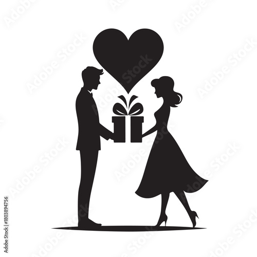 Couple exchanging a gift silhouette