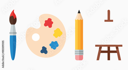 Art studio tools supplies palette brush pencil easel canvas vector illustration flat design creativity drawing painting school