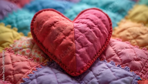 Patchwork heart sewn onto colorful childrens quilt. Soft, comfy fabric textile art made with needle and thread. Cozy handmade home decor item for nursery or gift.