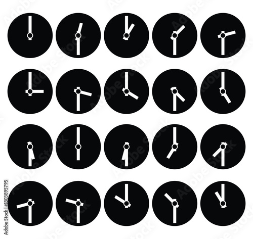 An array of twenty clock faces with different times shown in black and white simple illustrations