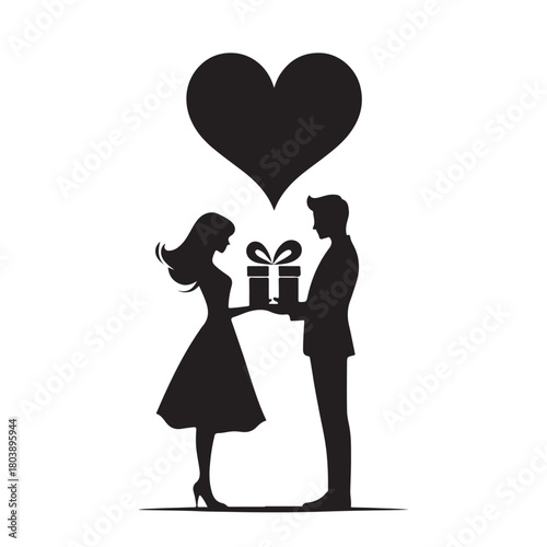 Couple exchanging a gift silhouette