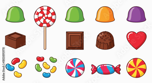 Sweet candy chocolate dessert vector illustration pack flat design jelly bean lollipop truffle gumdrop heart sugary snack cartoon