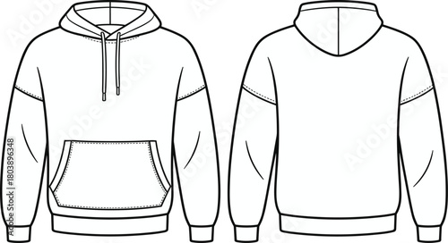 Hooded sweatshirt technical drawing, front and back views, seam-highlighted sketch with kangaroo pocket and drawstring hood design