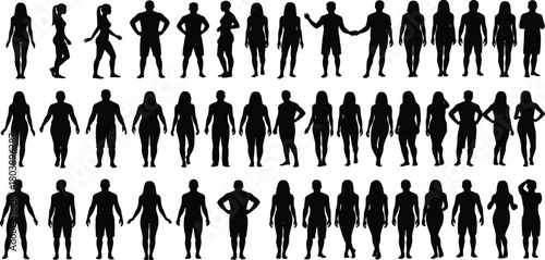 Human silhouette pose collection, 50 diverse standing and gesture figures, black vector illustration for posture, animation, and design