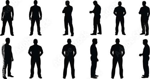 Standing human silhouette pose set, 12 black vector figures with varied gestures and stances, minimal posture illustration pack