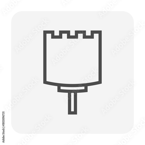 Hole saw vector icon, shown in side or profile view. Tool attaches to drill or auger for high speed rotation, enabling efficient large hole drilling, used in plumbing, HVAC installation, electrical.