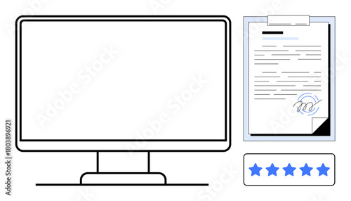 Monitor on left beside signed contract and five-star rating. Ideal for legal processes, online reviews, contracts, feedback, digital business, performance tracking, simple flat metaphor
