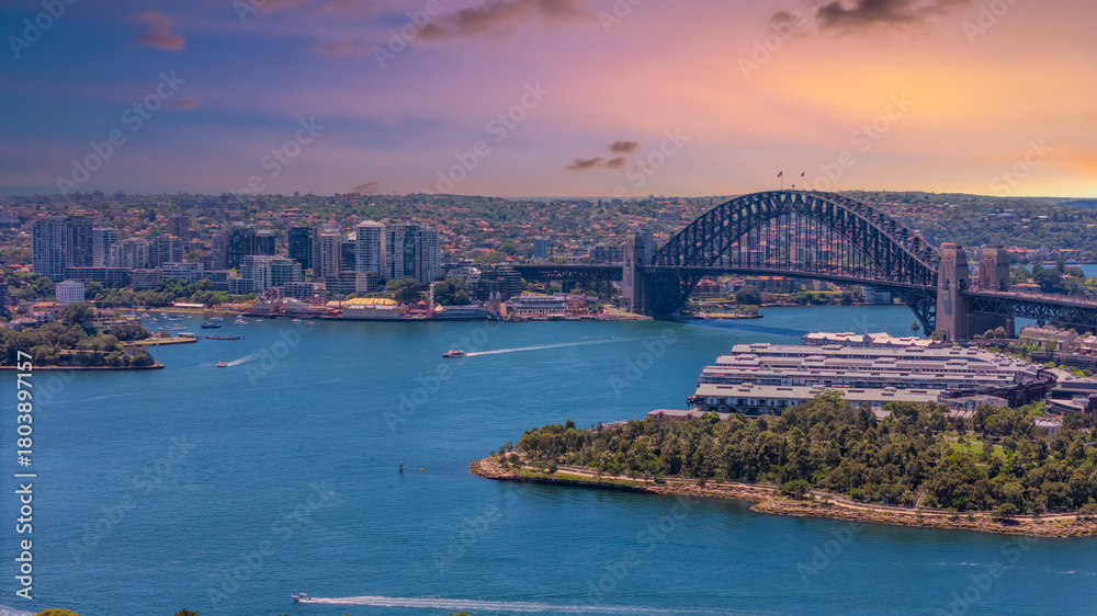 Naklejka premium 18 November 2025 Panoramic night view of Sydney Harbour and City Skyline of NSW Australia beautiful colourful skies on a beautiful spring day