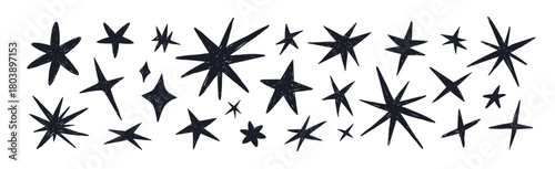 Stars set in doodle hand-drawn crayon-textured style. Rough black sparkles, twinkles, chalk sketch drawings. Spark elements, freehand shapes. Flat vector illustrations isolated on white background