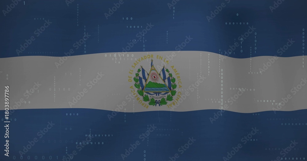 Naklejka premium Showing national flag of El Salvador waving on digital banner, featuring emblem and binary overlays