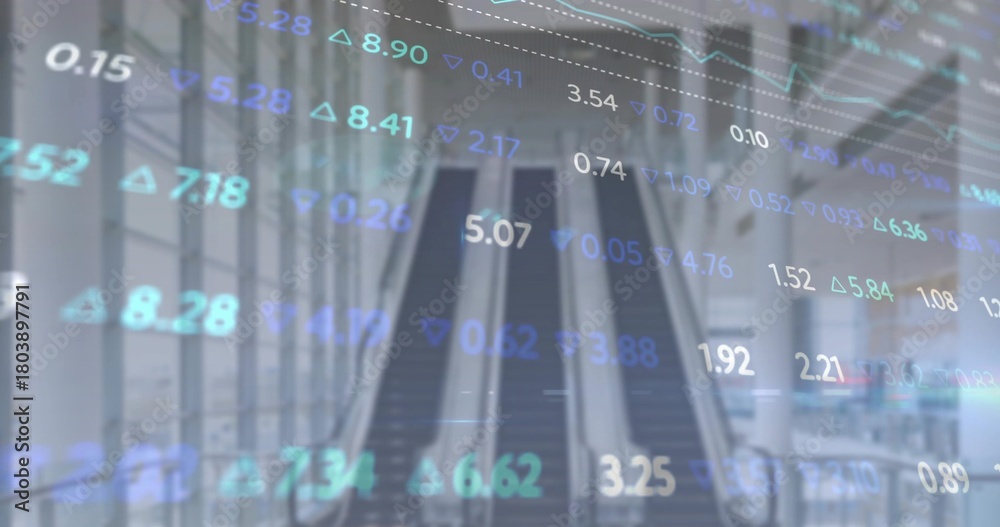 Naklejka premium Ascending pair of escalators rising in modern airport terminal atrium, with financial overlay